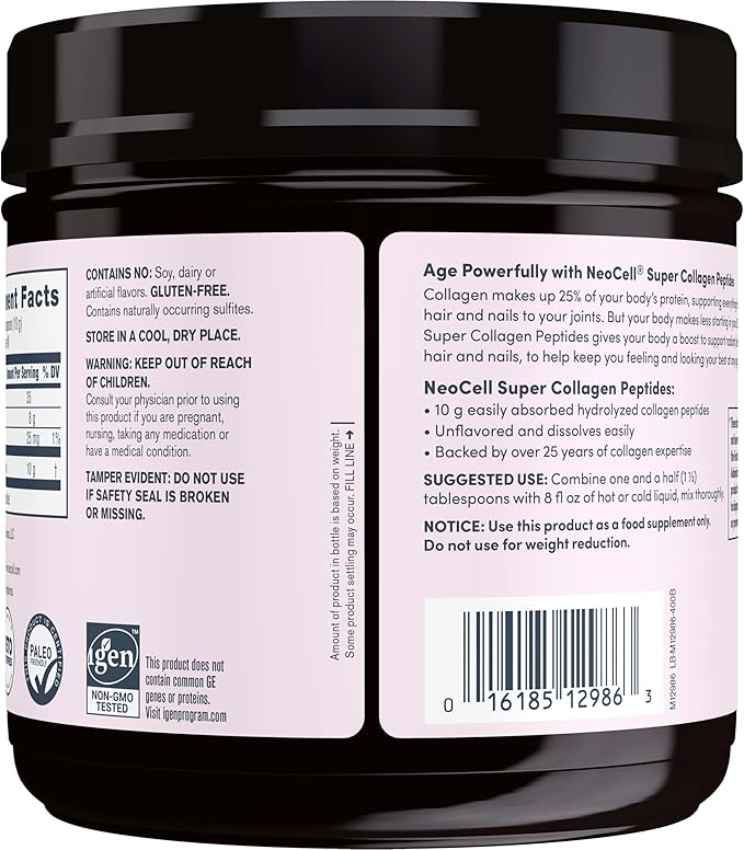 NeoCell Super Collagen Peptides, 10g Collagen Peptides per Serving, Gluten Free, Keto Friendly, Non-GMO, Grass Fed, Healthy Hair, Skin, Nails and Joints, Unflavored Powder, 14.1 oz., 1 Canister
