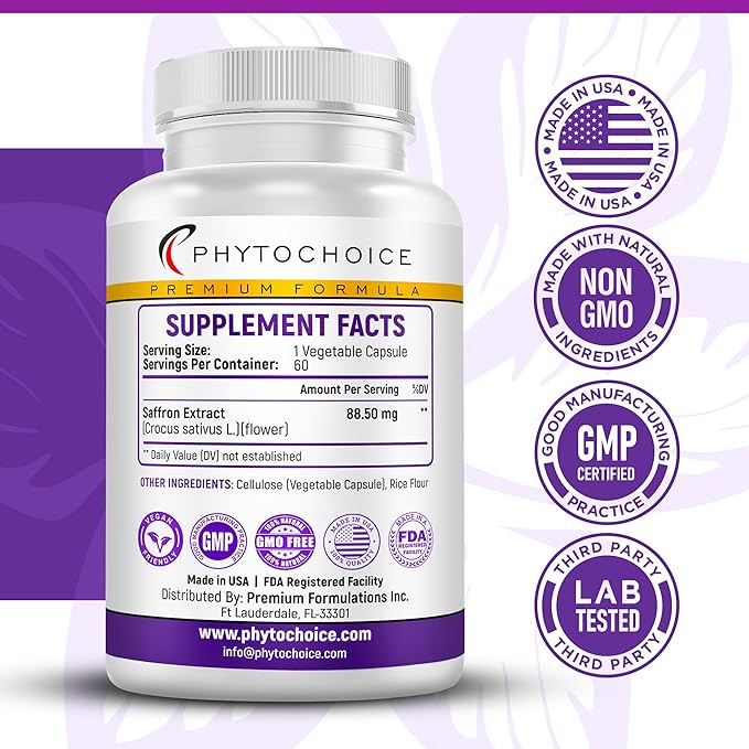Saffron Supplements - 100% Pure Saffron Extract Capsules - Boost Energy & Mood, Focus, Vision, Supports Eye, Retina, and Lens Health, Support Heart Health for Women & Men - Made in USA - 60 Capsules