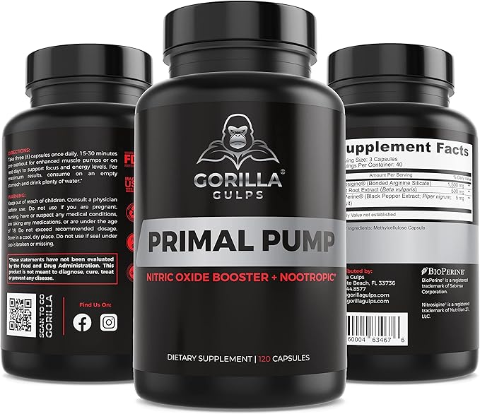 Primal Pump Nitric Oxide Supplement Nootropic 1500mg Nitrosigine L Arginine & Beet Root for Muscle Growth, Pumps, Blood Flow, Energy & Focus - Max Strength Pre Workout N.O. Booster