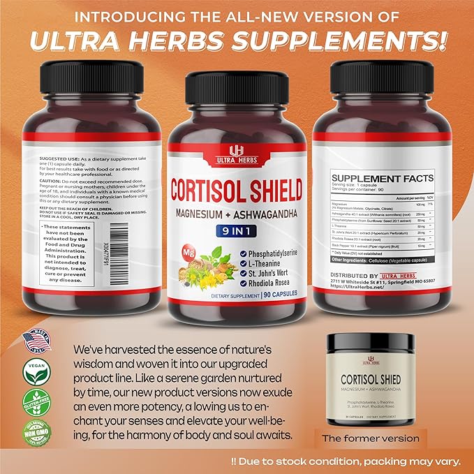 CORTISOL SHIELD 9 in 1-15,250mg Magnesium + Ashwagandha with Phosphatidylserine, L-Theanine, St. John's Wort, Rhodiola Rosea - Relaxation Support, Hormone Balance- USA made (90 count (pack of 1))