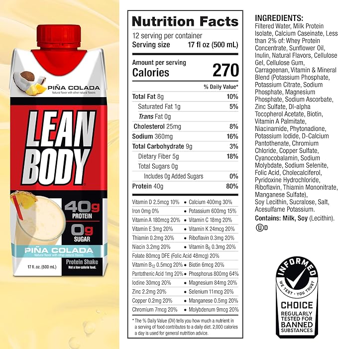 Lean Body Ready-to-Drink Pina Colada Protein Shake, 40g Protein, Whey Blend, 0 Sugar, Gluten Free, 22 Vitamins & Minerals, 17 Fl Oz (Pack of 12)