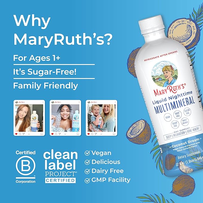MaryRuth Organics Liquid Nighttime Multimineral Sleep Supplement | Sugar Free | Calm Magnesium Citrate| Calcium Magnesium Zinc | Available in 4 Flavors | Vegan | Gluten Free | 32 Servings