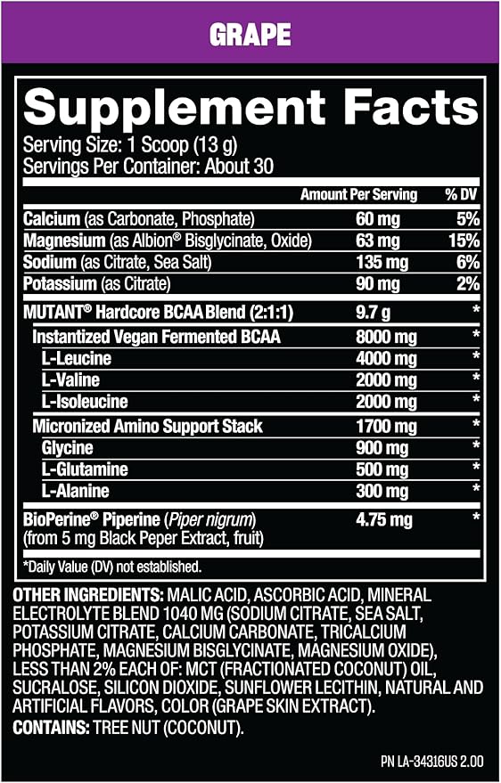 Mutant Hardcore BCAA - Pre, Intra or Post Workout – BCAA Next Level branched-Chain Amino Acids Supplement – Hydration + Recovery - 30 Serving - Grape