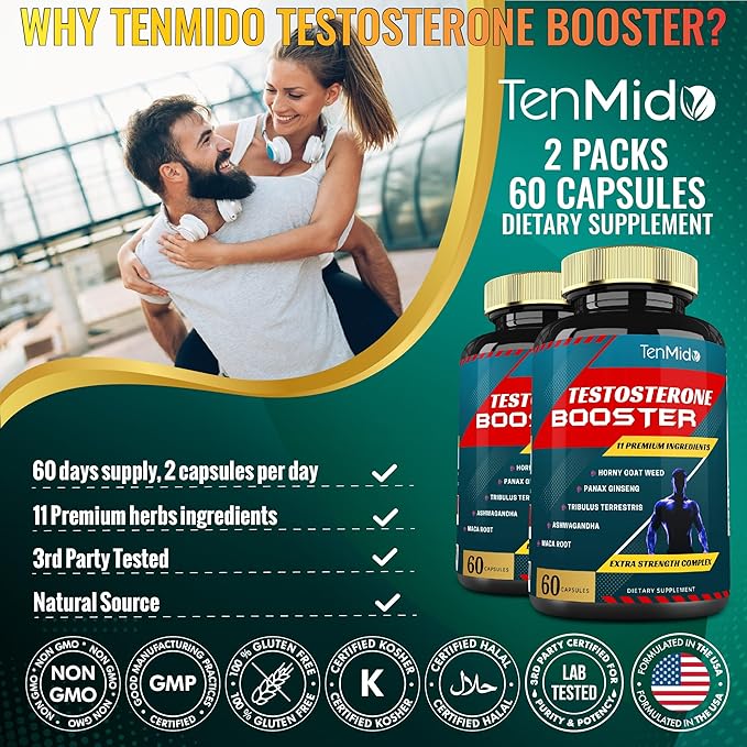 2 Packs of 60caps Testosterone Supplements Booster for Men - Natural Stamina, Endurance & Strength Supplement - Muscle Building Growth, Increasing Performance, Energy
