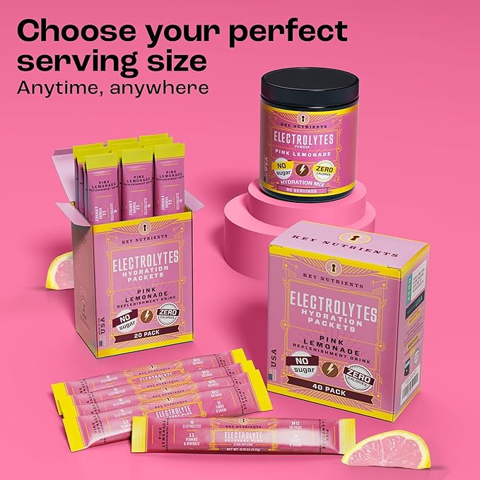 KEY NUTRIENTS Electrolytes Powder Packets - Fresh Pink Lemonade 40 Pack Hydration Packets - Travel Hydration Powder - No Sugar, No Calories, Gluten Free - Made in USA