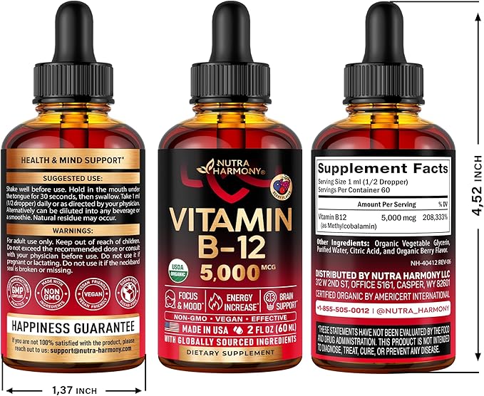 USDA Organic Vitamin B12 Sublingual Drops - 5000 mcg Liquid Vegan Methylcobalamin for Women & Men - Energy Boost, Focus & Mood, Brain Health Support - Maximize Absorption - 2 Month Supply, 2 fl oz