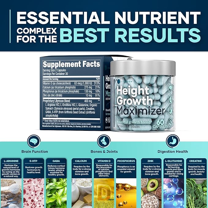 Height Growth Maximizer - Made in USA - Premium Height Growth Supplement for Kids & Teens to Grow Taller Naturally - Height Growth Pills with Ultimate Bone Support Complex