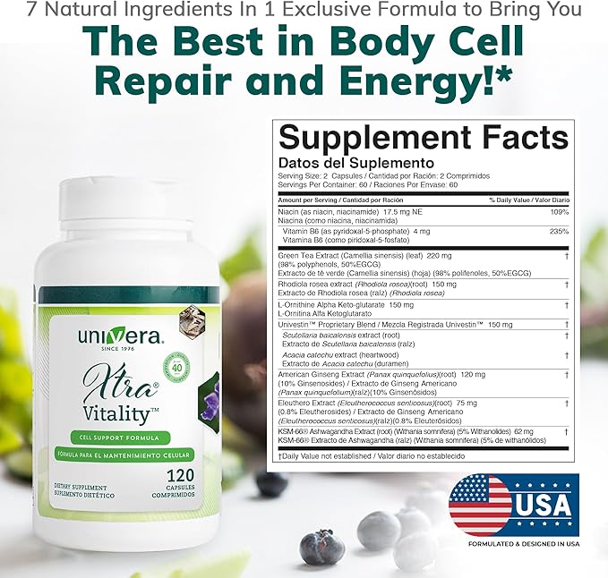 Univera Xtra Vitality - Cell Support Formula - Green Tea Extract, Vitamin B6, American Ginseng Extract, Ashwagandha, Univestin for Joint health, 120 capsules