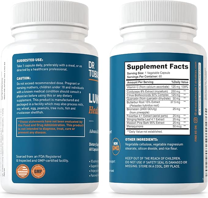 Dr. Tobias Lung Health, Lung Support Supplement with Vitamin C, Butterbur, Quercetin & Bromelain, Lung Cleanse & Detox Formula for Bronchial & Respiratory System, Non-GMO, 120 Capsules