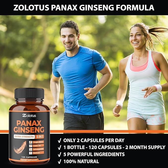 Zolotus Korean Red Panax Ginseng + Ginkgo Biloba, Ashwagandha, Beetroot, Green Tea - Support Strength, Stamina, Energy Production & Mood Balance - 120 Capsules