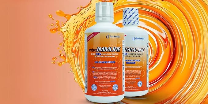 DRUCKER Labs Organic Liquid Daily Immune & Defense Support, Multivitamin, Elderberry, Echinacea, Zinc, Vitamin D, C E, Vegan, Non GMO, Gluten Free (32 oz., Sugar Free Peach Berry)