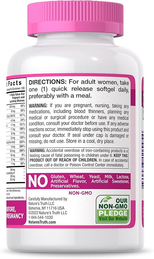 Nature's Truth Prenatal Vitamin for Women | 120 Softgels | Non-GMO & Gluten Free Multivitamin Supplement with DHA and Folic Acid