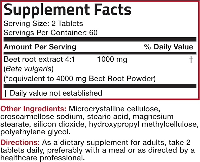 Bronson Beet Root Double Strength 4000mg Equivalent (from 1000 mg of 4:1 Extract), Non-GMO, 120 Vegetarian Tablets