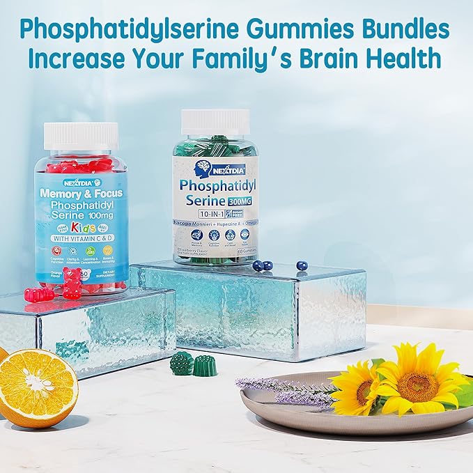 Phosphatidylserine Supplement 100mg, Focus Gummies for Kids Teens + Vitamin C & D3 400IU, Sugar Free Kids Brain Gummies Increase Attention & Concentration, Chewable, Vegan, Gluten Free, Non-GMO 2 Pack