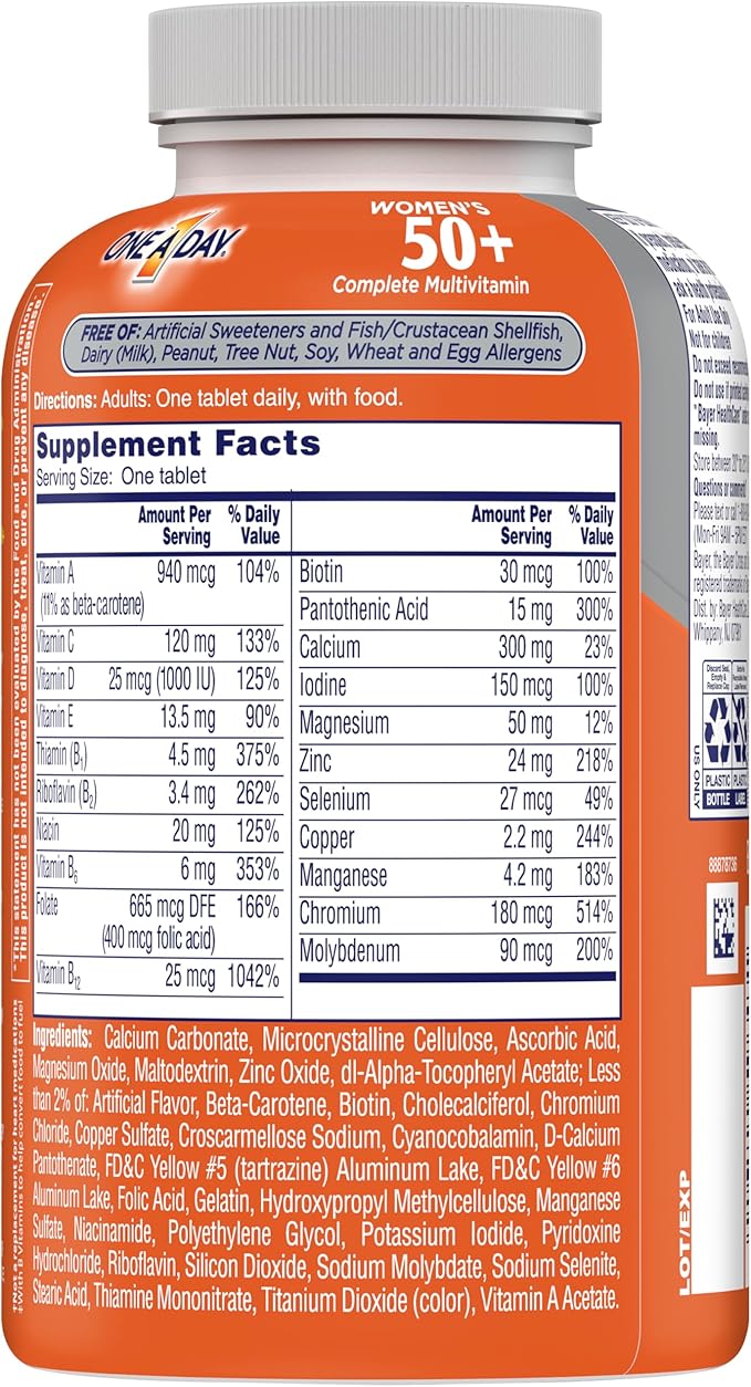 One A Day Women’s 50+ Multivitamins Tablet, Multivitamin for Women with Vitamin A, C, D, E and Zinc for Immune Health Support*, Calcium & more, 200 Count