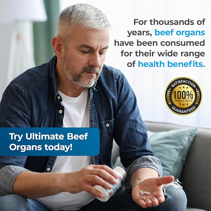Ultimate 100% Grass Fed Beef Organs Supplement Supports Energy & Whole Body Wellness* with a Complex of Desiccated Beef Liver, Heart, Kidney, Pancreas & Spleen. Pesticide Free & Non-GMO, 180 Capsules