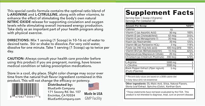 L-Arginine 5000mg + L-Citrulline 2000mg Complex Powder Supplement Drink Mix - Nitric Oxide Booster for Heart Health, Blood Flow & Energy - 30 Servings (Green Apple)