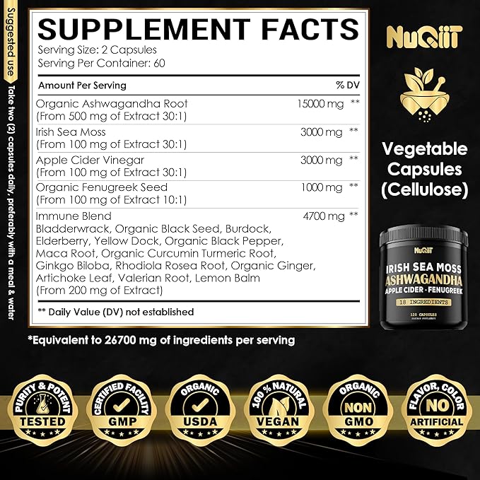Organic Ashwangdha Capsules 15000mg Irish Sea Moss 3000mg Apple Cider Vinegar 3000mg & More - Support Brain Health, Strength & Immune System - 120 Vegan Capsules