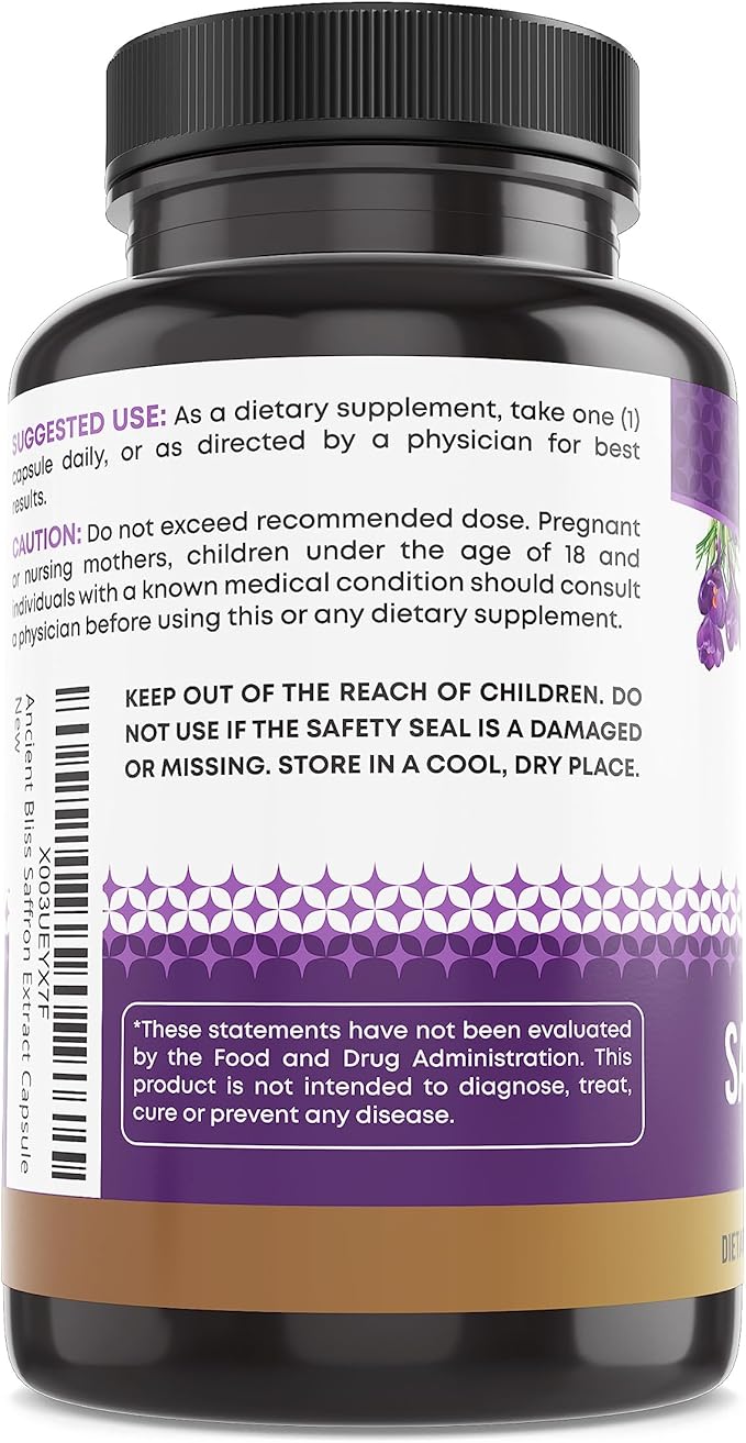 Ancient Bliss Saffron Extract Capsules Mood & Eye Support Supplement, Saffron Extract Appetite Suppressant Weight Management for Women & Men (60 Capsules)