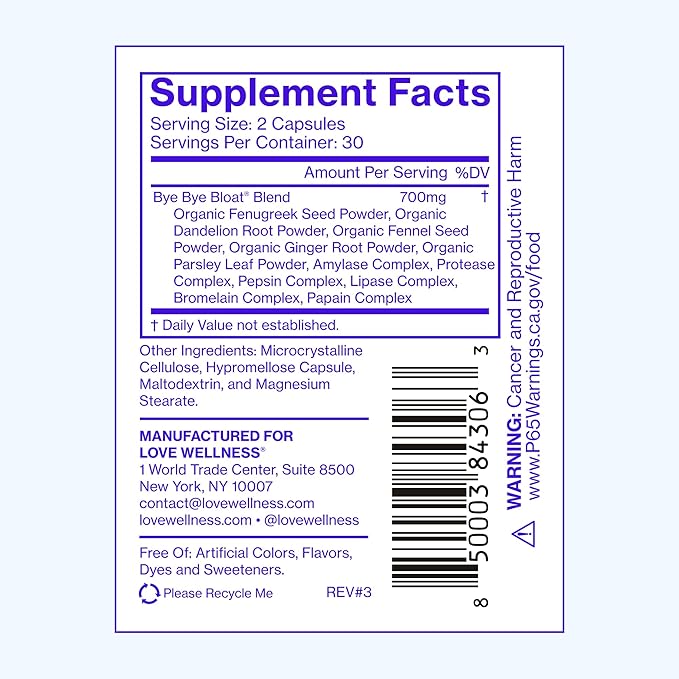 Love Wellness Bye Bye Bloat | Digestive Enzymes for Fast Acting Bloating Relief for Women | Helps Reduce Water Retention & Gas Relief | Supports Digestive Health with Fenugreek & Dandelion | 60 Count