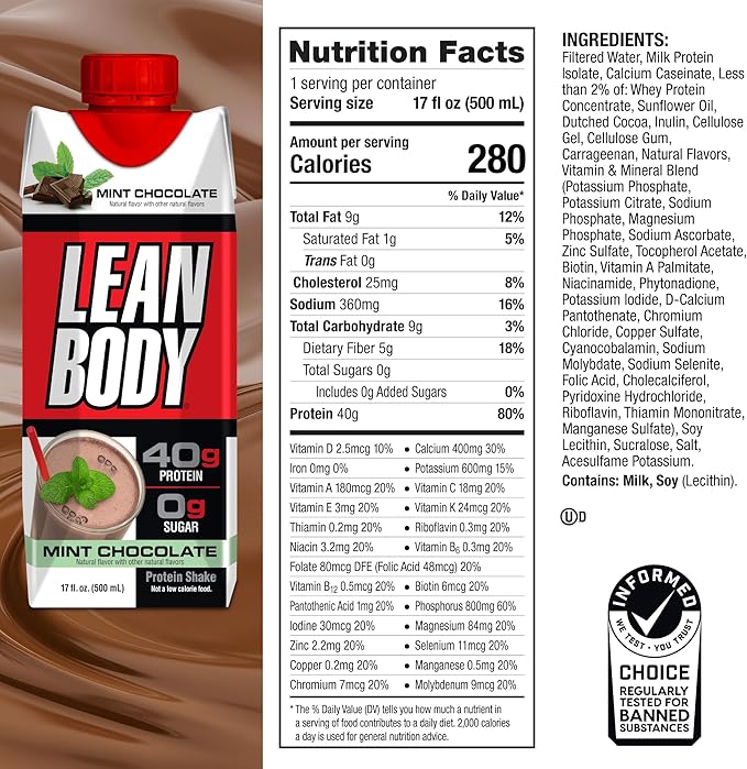 Labrada Lean Body Ready-to-Drink Mint Chocolate Protein Shake, 40g Protein, Whey Blend, 0 Sugar, Gluten Free, 22 Vitamins & Minerals, (Recyclable Carton & Lid - Pack of 12) LABRADA