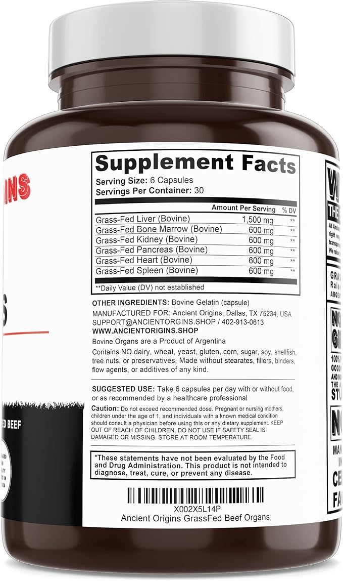 Ancient Origins Grass Fed Beef Organs Supplement 4500mg - Desiccated Liver, Bone Marrow, Heart, Spleen, Pancreas & Kidney, Non-GMO, Gluten Free, Undefatted (180 Capsules, 750mg Each)