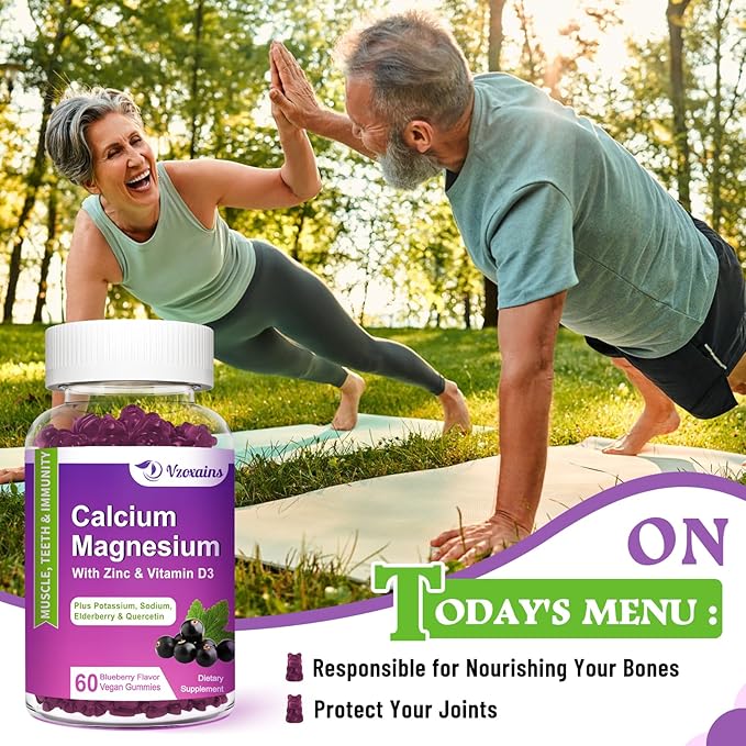 High Absorption Calcium Magnesium Zinc Gummies, Calcium Magnesium Supplement with Potassium Vitamin D3 for Bone & Teeth Strength, Muscle Function - Blueberry Flavor 120 Cts