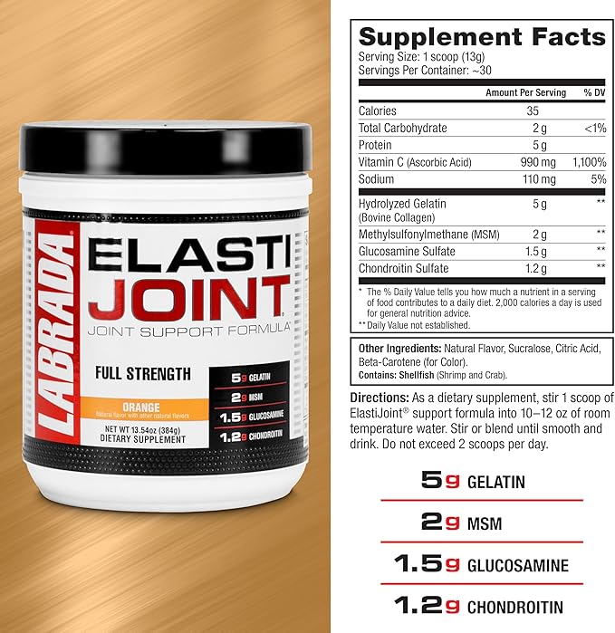 Labrada Nutrition Elastijoint, Orange Flavor,Glucosamine Joint Support Supplement Powder for Men & Women, Joint Pain Relief & Bone Health Supplement with MSM, Glucosamine Chondroitin MSM Gluten-Free