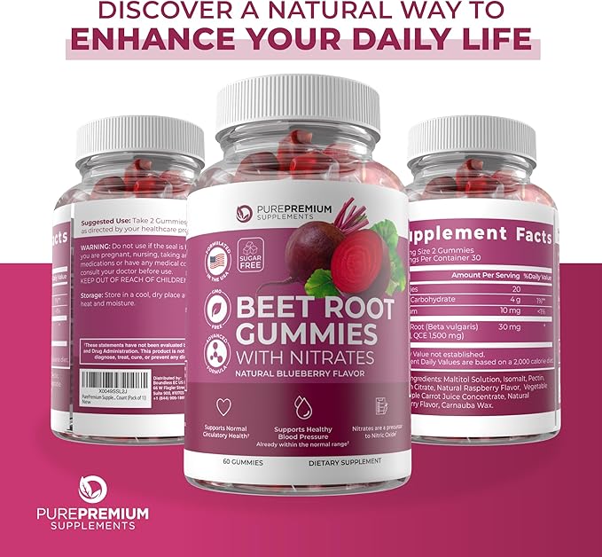 PurePremium Beet Root Gummies - 60 Sugar Free Beet Chews (50:1 Equivalent 1500 mg) - Super Nitric Oxide Gummies - Natural Blueberry Beets Chewables - Beets Supplements for Normal Blood Pressure