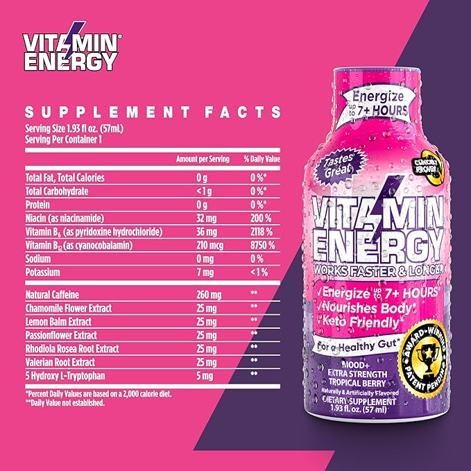 Mood Support Vitamin Energy Drink - Sugar Free, Keto/Vegan Friendly Shots | Mood Balancing with Rhodiola and Chamomile | Energize up to 7+ Hours | Tropical Berry - 1.93 Fl Oz - Pack Of 12