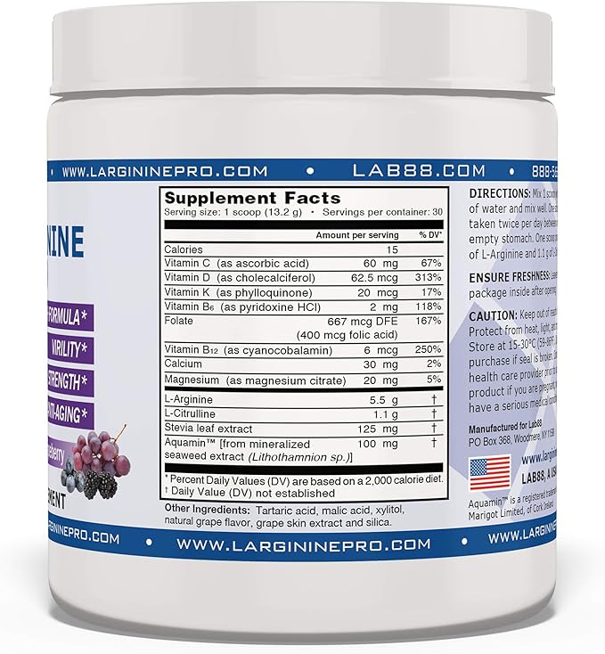L-ARGININE PRO | L-arginine Supplement Drink Mix Powder | 5,500mg of L-arginine Plus 1,100mg L-Citrulline (Grape Berry, 1 Jar)