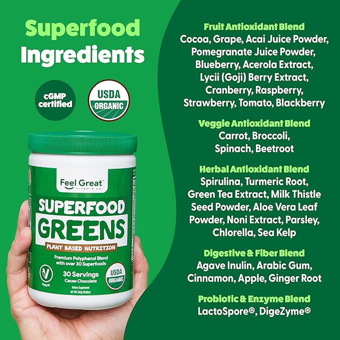 Organic Superfood Greens Powder - Cocoa Chocolate | Super Greens Fruit & Vegetable Supplement | Over 20 Greens, Fruits & Veggies, Fiber, Probiotics & Digestive Enzymes | 30 Servings