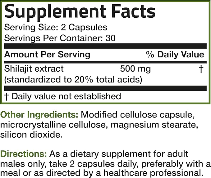 Bronson Shilajit Extract 500 MG Per Serving, Supports Energy Production & Vitality, Standardized to 20% Total Acids, Non-GMO, 60 Vegetarian Capsules