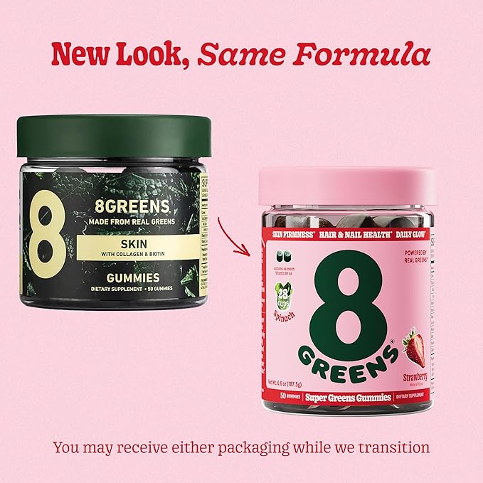 8Greens Supergreens Beauty Gummies with Collagen & Biotin | Super Greens Powder Superfood Gummy for Healthy Skin, Hair, Nails, Glow, and Firmness, Superfood Booster, Strawberry Flavored, 150 Count