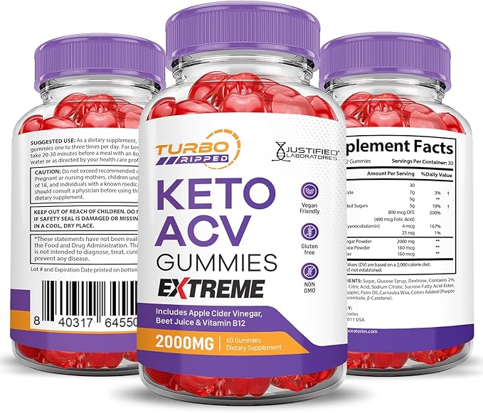 (5 Pack) Turbo Ripped Keto ACV Gummies Extreme 2000MG Turbo Ripped Keto Gummies Apple Cider Vinegar Formulated with Pomegranate Beet Juice Powder B12 Vegan Non GMO 300 Gummys