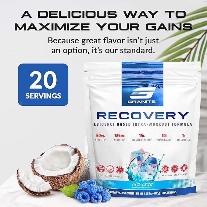 Granite Recovery for Intra & Post Workout |10g Aminos, Electrolytes, Cluster Dextrin for Muscle Recovery & Growth | Amino Acids Supplement with Sensoril | 20 Servings | Blue Crush Flavor