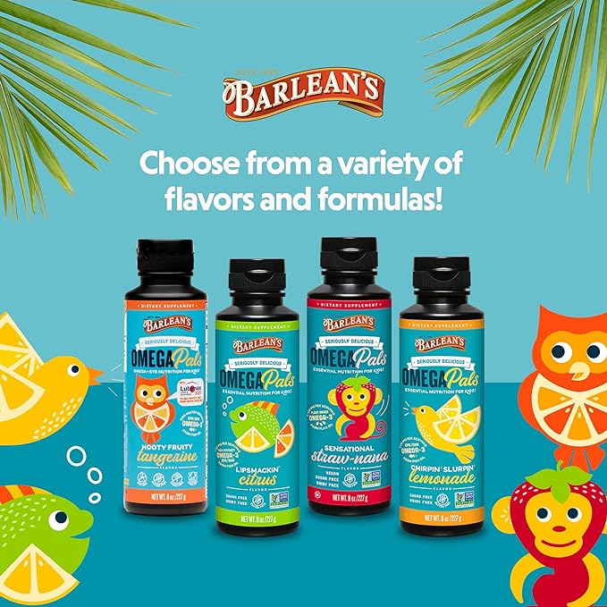 Barlean's Omega Pals Lipsmackin' Citrus Flavored Omega-3 for Kids, Yummy Children's Liquid Fish Oil Supplement with 750 mg of EPA & DHA for Brain & Eye Health, 8 oz