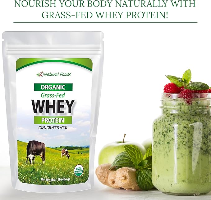 Z Natural Foods Organic Whey Protein Concentrate - Nutrient-Dense Grass Fed Whey Protein Powder - Cold Processed Pure Whey Protein with Essential Amino Acids for Nutrition & Fitness, Unflavored, 1 lb