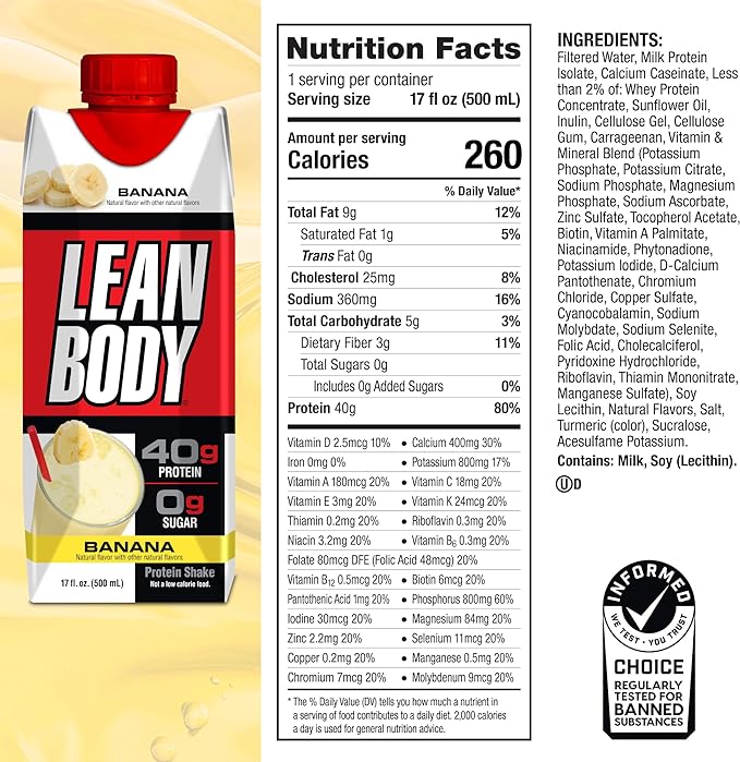 Lean Body Ready-to-Drink Banana Protein Shake, 40g Protein, Whey Blend, 0 Sugar, Gluten Free, 22 Vitamins & Minerals, 17 Ounce (Recyclable Carton & Lid - Pack of 12) LABRADA