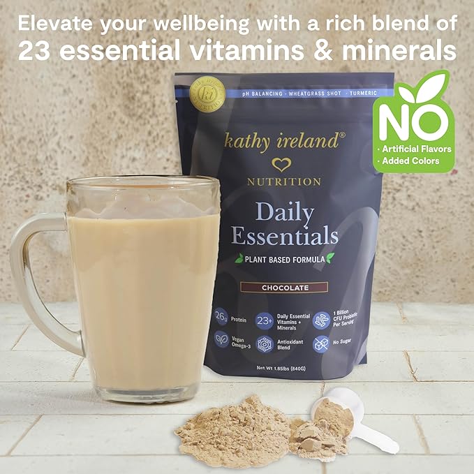 Kathy Ireland Daily Essentials Plant Based Protein Powder Mix, Chocolate, 1.85 lbs (Chocolate)