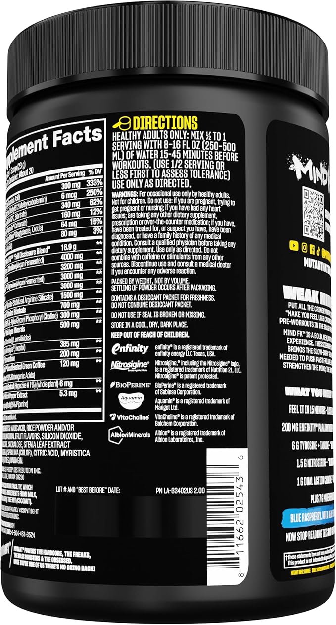 Mutant Mind FK - Epic Nootropic Pre-Workout - Brain Supplement for Mental Focus - 20 Serve - Blue Raspberry - 460g