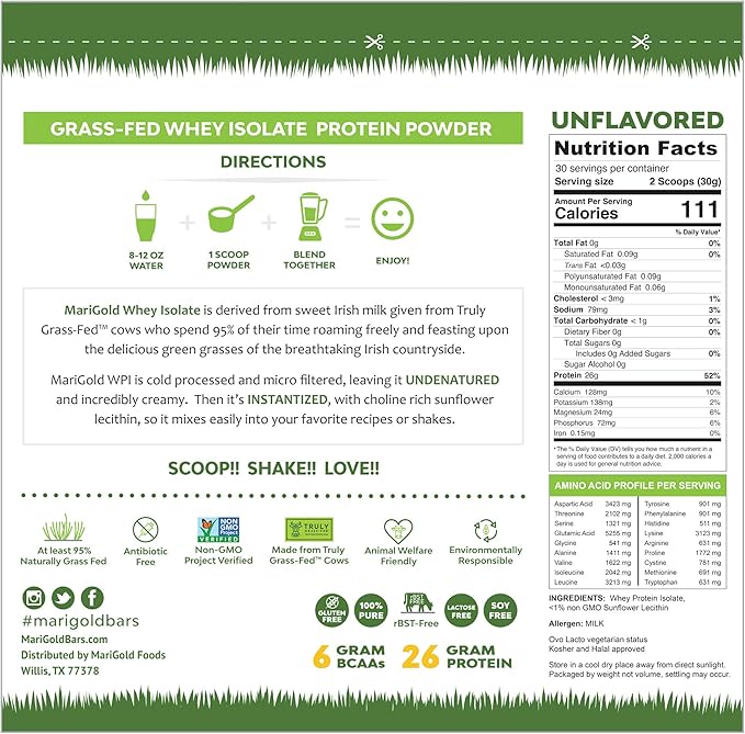 MariGold Grassfed Whey Isolate Protein Powder - Unflavored 2LB - Muscle Building & Recovery - 100% Pure, Cold Processed, Micro Filtered, Non-GMO, rBGH Free, Soy Free, Gluten Free, Lactose Free