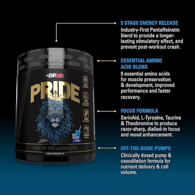 EHP Labs Pride Pre Workout Powder Energy Supplement - Sugar Free Preworkout for Men & Women, Energy Powder Boost Drink with BCAA - 280mg of Caffeine - Blue Slushie (40 Servings)