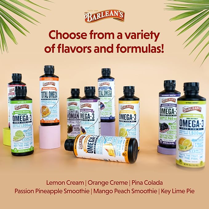 Barlean's Mango Peach Omega 3 Fish Oil Liquid Supplement with Vitamin D, 1080mg EPA & DHA Fatty Acid, Smoothie Flavored & Burpless for Brain, Joint, & Heart Health, 8 oz