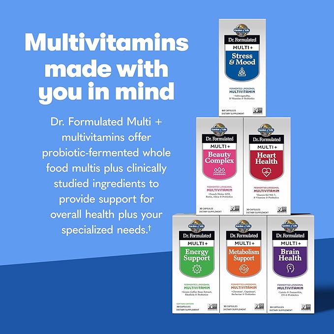 Garden of Life Dr. Formulated Multi+ Stress & Mood, Fermented Liposomal Multivitamin + Ashwagandha, B Vitamins & Probiotics - 60 Capsules, Whole Food Vitamin & Mineral Supplement