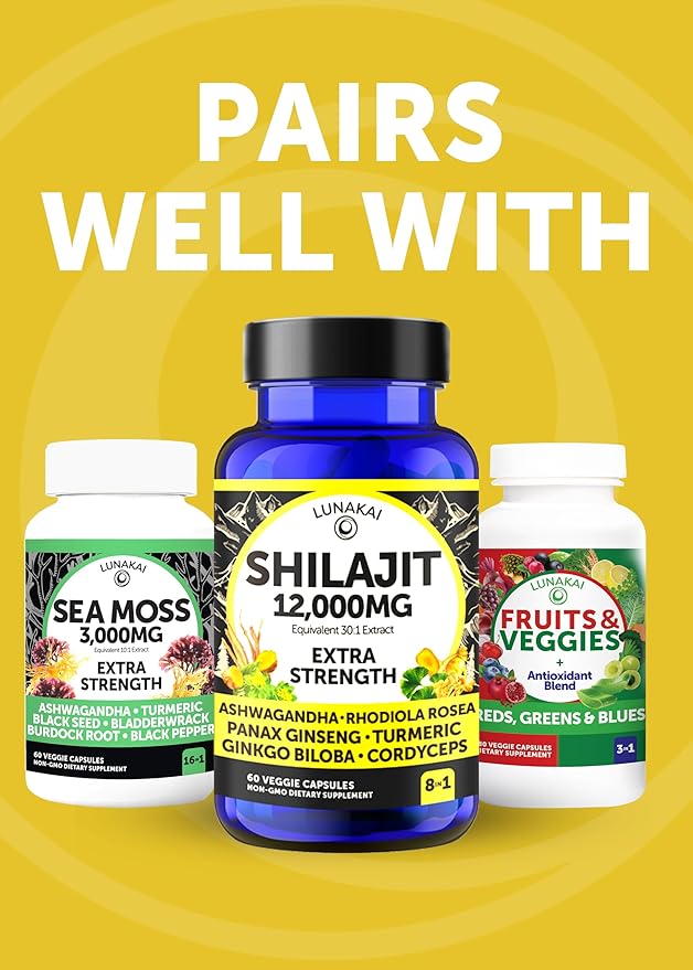 Lunakai USA Made Pure Shilajit Capsules 12000mg with Ashwagandha, Rhodiola & Cordyceps - Extra Strength Shilajit Extract for Men & Women, 60ct