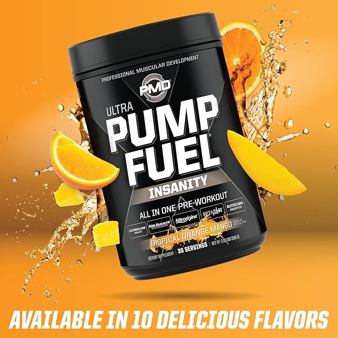 PMD Sports Ultra Pump Fuel Insanity - Pre Workout Drink Mix for Energy, Strength, Endurance, Recovery - Complex Carbohydrates and Amino Energy - Tropical Orange Mango (30 Servings)