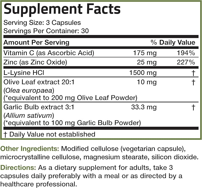 Bronson L-Lysine Defense Immune Support Complex 1500 MG L-Lysine Plus Olive Leaf, Garlic, Vitamin C and Zinc - Non-GMO, 90 Vegetarian Capsules