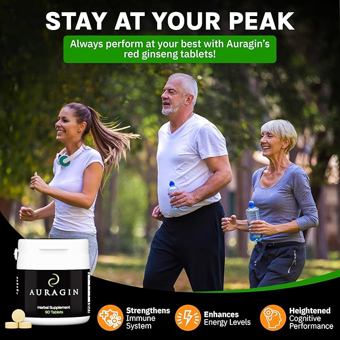 Auragin® Authentic Korean Red Ginseng – Made in Korea – 6 Year Roots – No Additives or Other Ingredients – 100% Red Panax Ginseng in Every Tablet