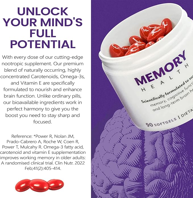 Brain Supplement for Memory and Focus with Vitamin E (90 softgels/30 Servings) - Brain Booster Softgels for Clarity, Energy-Supplements for Concentration-Omega 3, Carotenoid